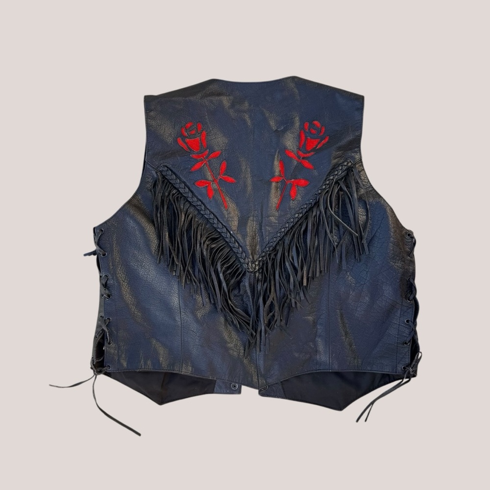 Vintage MOB Genuine Leather Black Red Rose Fringe Vest - Picture 3 of 10